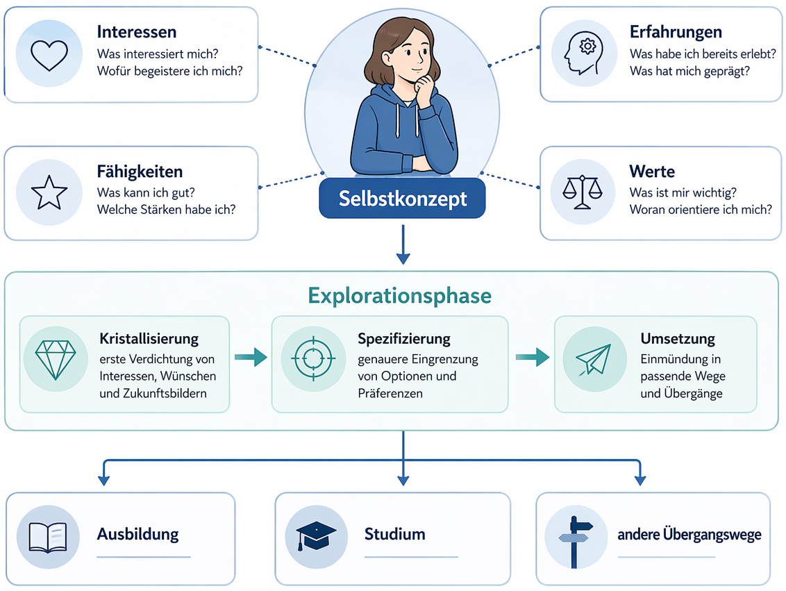 Didaktisch reduzierte Darstellung von Supers Verständnis beruflicher Entwicklung mit Selbstkonzept, Explorationsphase und möglichen Einmündungen