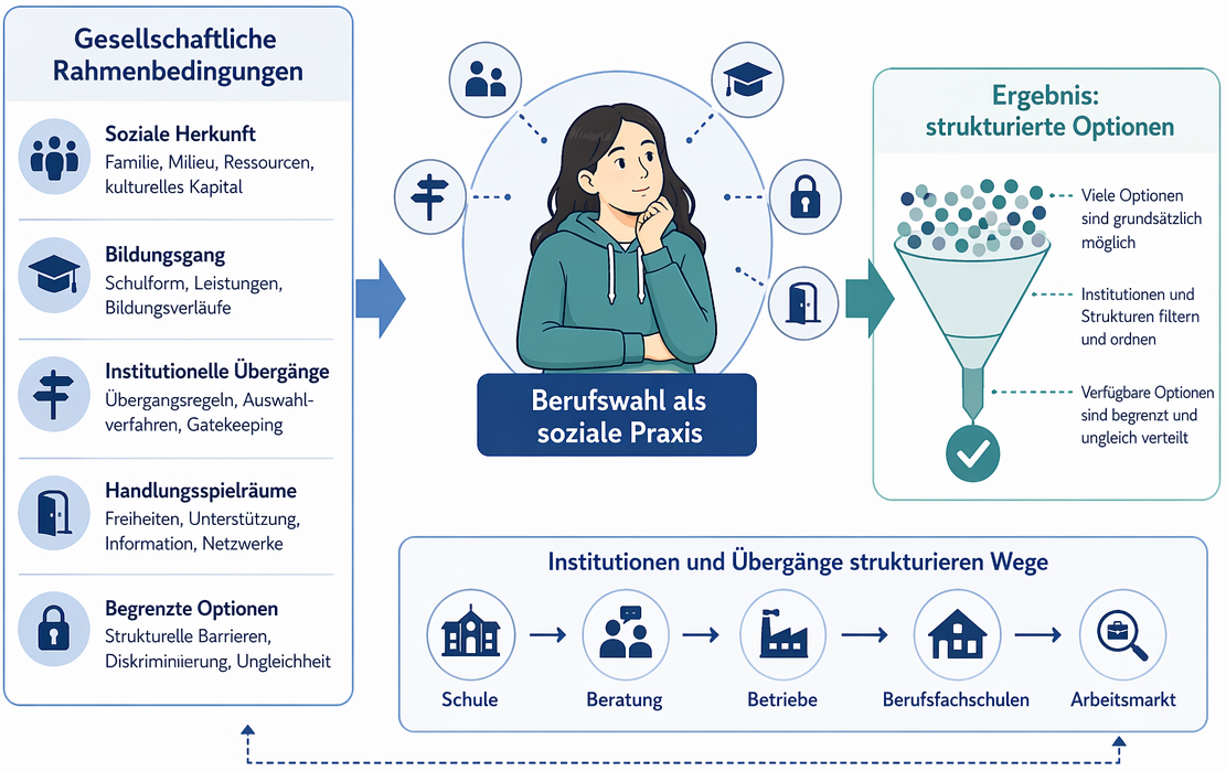 Didaktisch reduzierte Darstellung von Wehkings Perspektive auf Berufswahl mit sozialer Herkunft, Institutionen, Übergängen und begrenzten Handlungsspielräumen