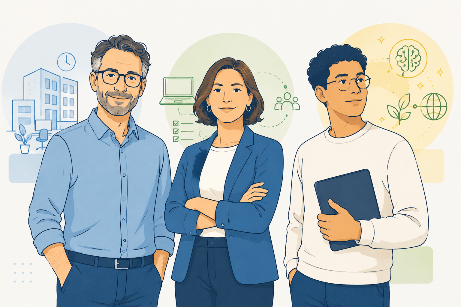 Visualisierung des Szenarios mit Personas und Perspektiven auf Homeoffice, Selbstorganisation und Nachhaltigkeit